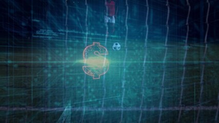 Soccer player initiating data streams weaving over ball and net while neon dollar shaping finance - Powered by Adobe