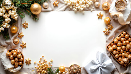 A festive Christmas scene featuring wrapped gifts with golden bows, pine branches, and twinkling lights. A blank card is prominently displayed in the center, perfect for adding a personalized message.