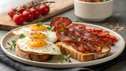 Crispy Bacon Sizzling Fried Eggs Toasted Bread image