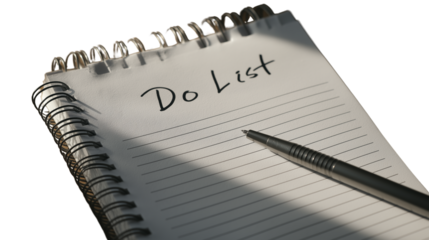 Handwritten to-do list on white notebook page, neat handwriting, cinematic shadow