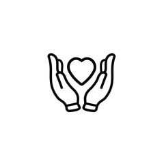 Black isolated outline icon of heart in hands on white background. Line icon of heart and hands. Symbol of care, love, charity.