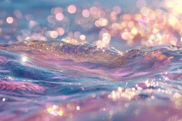 Iridescent ocean wave with bokeh, pastel pink, purple, and gold light reflecting on the surface