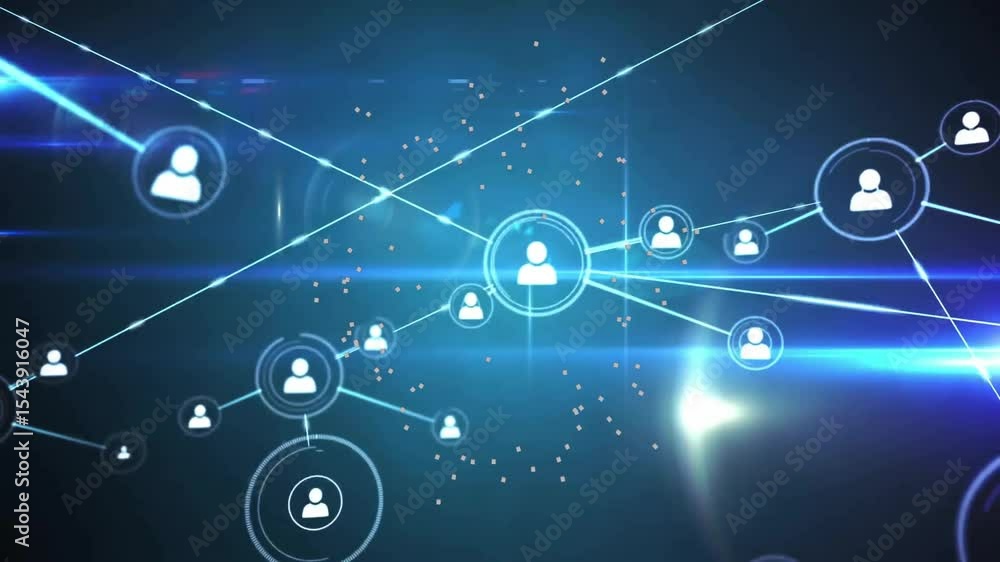 Poster glowing light beam sweeping activating lines linking central user icon while building network mesh