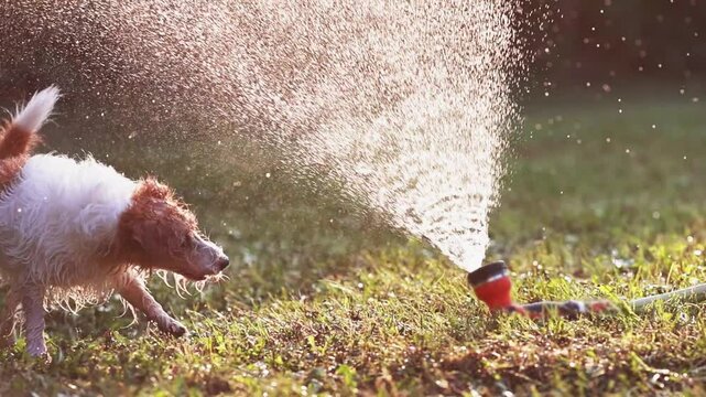 Funny dog playing with splashing water in the grass. Summer fun concept.