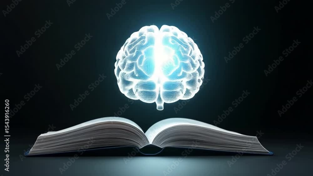 Poster Illuminating Knowledge: A glowing representation of a brain hovers above an open book, symbolizing the power of learning, intellect, and the expansion of the mind.