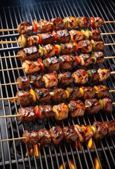 A close-up of a grill with meat and vegetable skewers