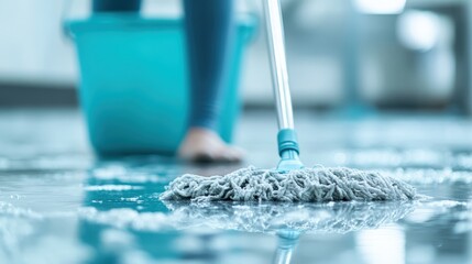 A bright, clean image showcasing someone mopping the floor with a sleek mop, alongside a matching blue bucket, highlighting cleanliness and homemaking efficiency.