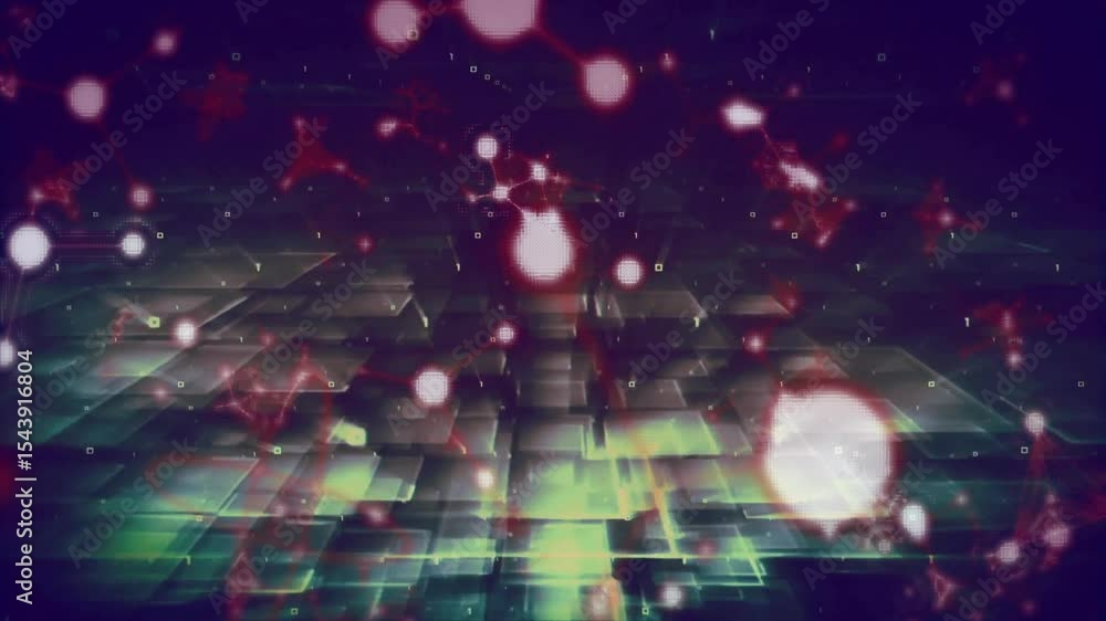 Poster glowing orb drifting into 3d grid, causing red nodes fading and pulsing, visualizing data network
