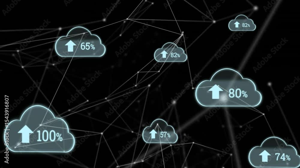 Poster starting cloud upload icons floating on node network updating percentages reaching completion