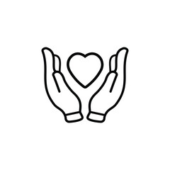 Black isolated outline icon of heart in hands on white background. Line icon of heart and hands. Symbol of care, love, charity.