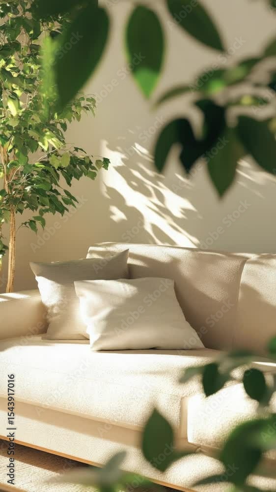 Poster a warm and inviting living space with a comfortable couch and a natural tree element
