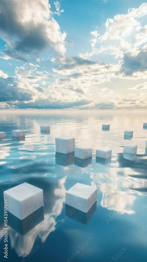 Poster group of cubes floating on the surface of calm water, no movement or ripples