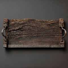 Fototapeta premium Rustic rectangular wooden tray with dark gray metal accents and handles, showing significant wood grain and texture
