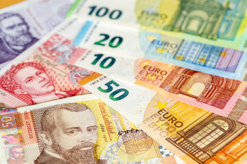 Bulgaria, adopting the euro in Bulgaria. Business and financial concept. Bulgarian money and the common European currency, the euro.