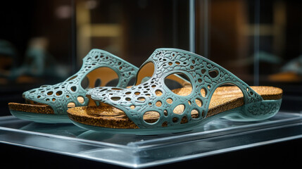 Teal, patterned slides displayed on a clear acrylic platform. 