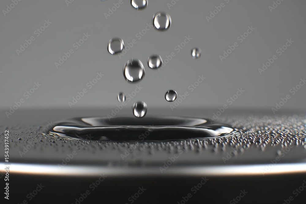 Poster water droplets falling and spreading - abstract of water droplets falling onto a surface, creating r