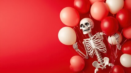 A playful skeleton holds vibrant balloons against a bright red backdrop, combining humor and whimsy, perfect for fun occasions or Halloween-themed decorations.