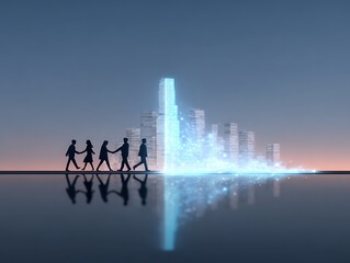 People walking towards a futuristic city
