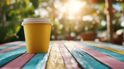 A bright yellow coffee cup sits boldly on a colorful table, capturing the essence of a warm café atmosphere with sunshine and vibrancy for coffee lovers and casual diners.