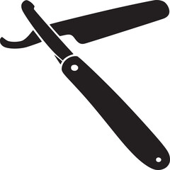 A simple black and white graphic illustration of a straight razor on a light gray background design