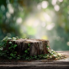 Rustic tree stump with ivy, set against a blurred green forest backdrop, ideal for product display or nature themed composition