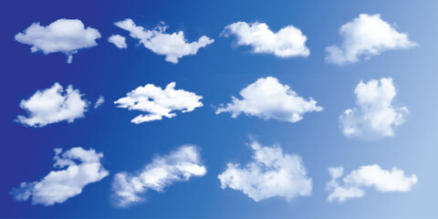 Realistic white vector clouds isolated on transparent background. Set of soft cumulus shapes, mist or fog elements for sky, weather, or nature illustration. Atmospheric airy texture for design.