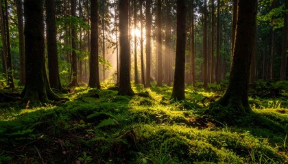 Fototapeta premium Sunbeams in misty green forest.