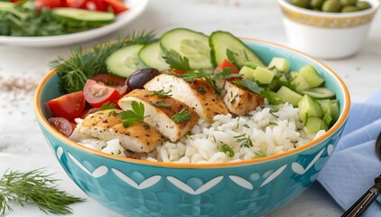 Grilled Chicken Rice Bowl Greek Salad Cucumbers Tomatoes