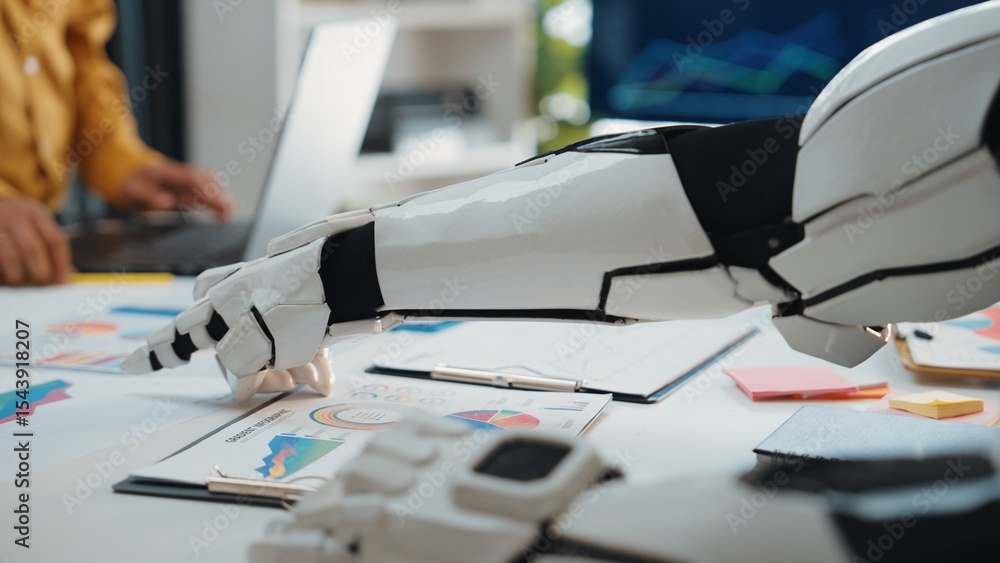 Poster a robotic hand points to business charts during a meeting, symbolizing technology integration in mod