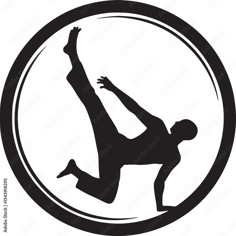 Wall mural silhouette of a man in a dynamic pose inside a circular frame on a white background in black and whi