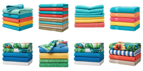 Set of izolated colorful stacked towels, with solid and patterned designs, for bath, beach, or spa use 