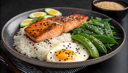 Grilled Salmon Rice Bowl Sunny Side Up Egg Green Peas
