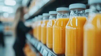 Rows of vibrant orange juice bottles gleam on a store shelf, inviting customers with their fresh appeal and bright colors, representing health and vitality in grocery shopping.