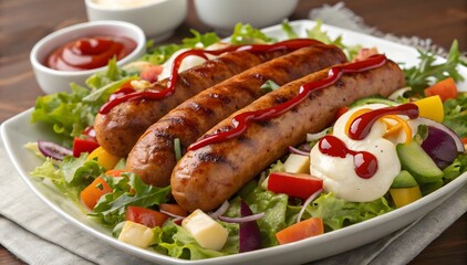 Grilled Sausages on Fresh Salad with Ketchup and Mayonnaise