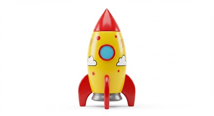 Gelbe Rakete startet froh in den Tag leuchtend gegen weissen Hintergrund. AI Generated
