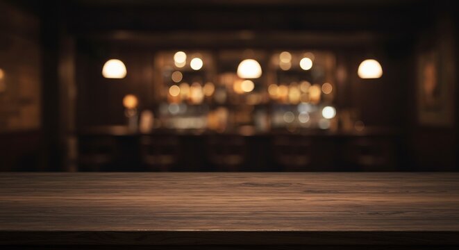 Dunkles Holztisch leuchtet warm im Hintergrund einer verschwommenen Bar. AI Generated