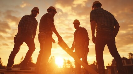 Fototapeta premium Construction workers gather at sunset, symbolizing teamwork and effort in building, showcasing the commitment and camaraderie necessary for successful projects.
