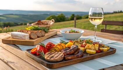 Grilled Sausages Vegetables Romanian Food Platter Outdoors