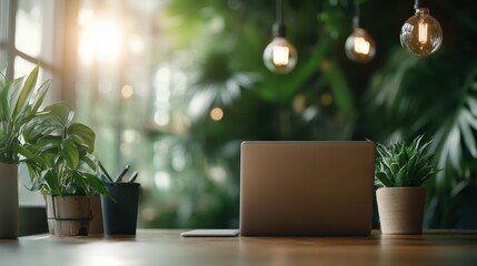 A tranquil workspace featuring a laptop surrounded by vibrant green plants, embodying calmness and productivity, ideal for enhancing creativity in a home office.