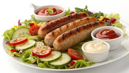 Grilled Sausages with Crisp Salad Ketchup and Mayonnaise