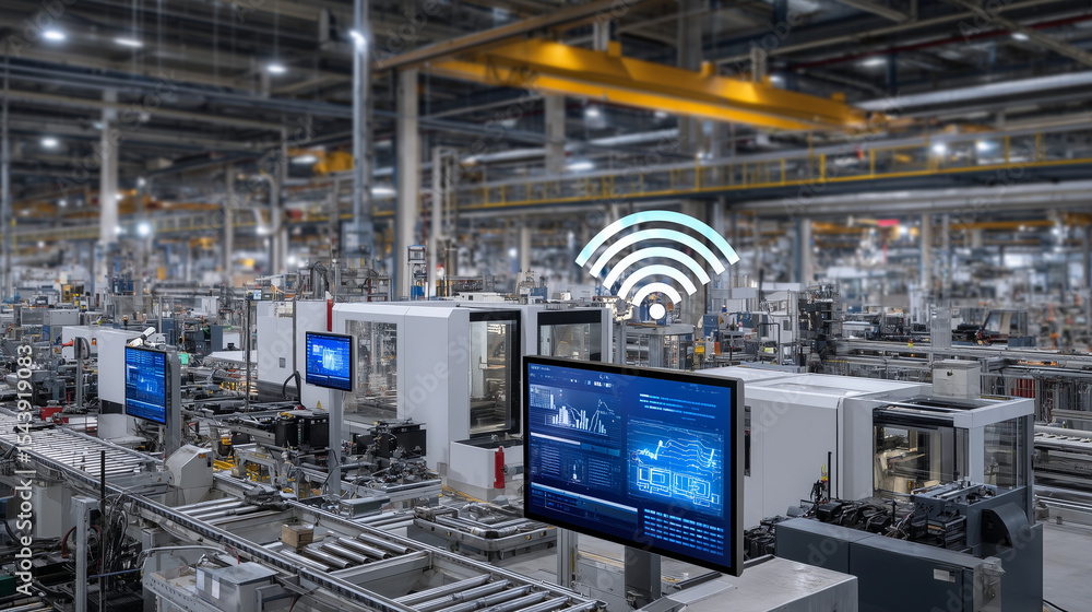 Poster high-tech manufacturing environment with edge computing devices integrated into industrial iot senso
