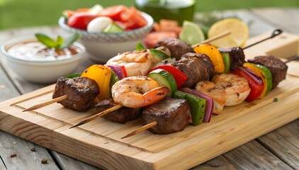 Grilled Shrimp and Beef Kebabs with Colorful Vegetables on Wooden Board
