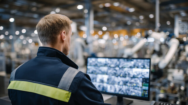 Technician monitoring machine vision cameras streaming to edge devices for instant quality control, with factory background illuminated by robotic arms and smart lighting