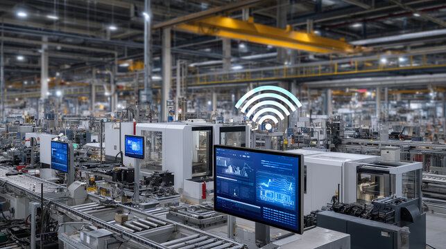 High-tech manufacturing environment with edge computing devices integrated into industrial IoT sensors, displaying real-time alerts on factory floor screens