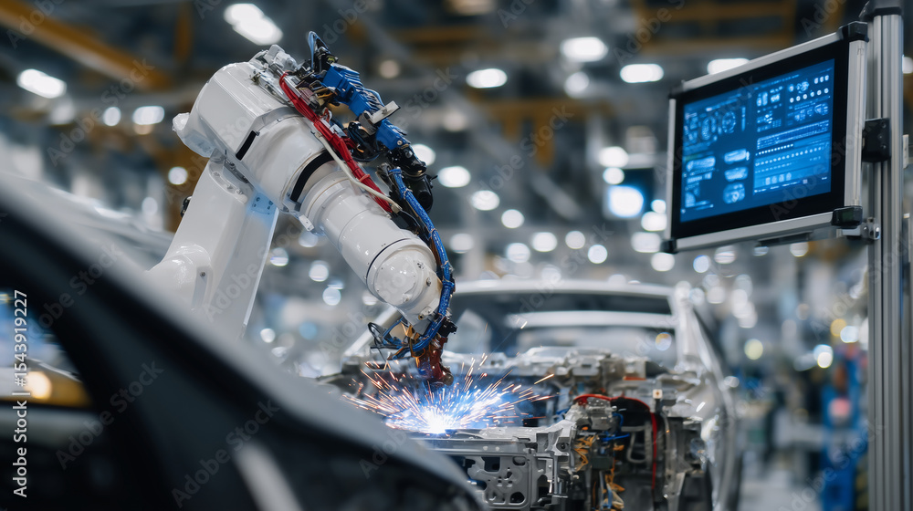 Poster robotic arms welding car chassis precisely, while edge computing servers nearby process sensor data 