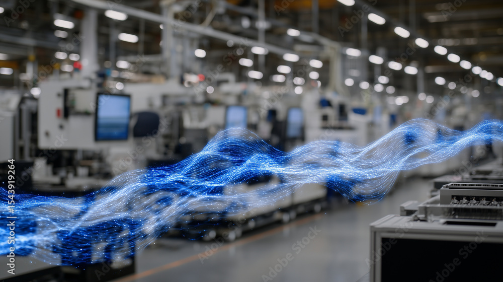 Poster edge computing infrastructure in a semiconductor fabrication plant, with digital data streams visual