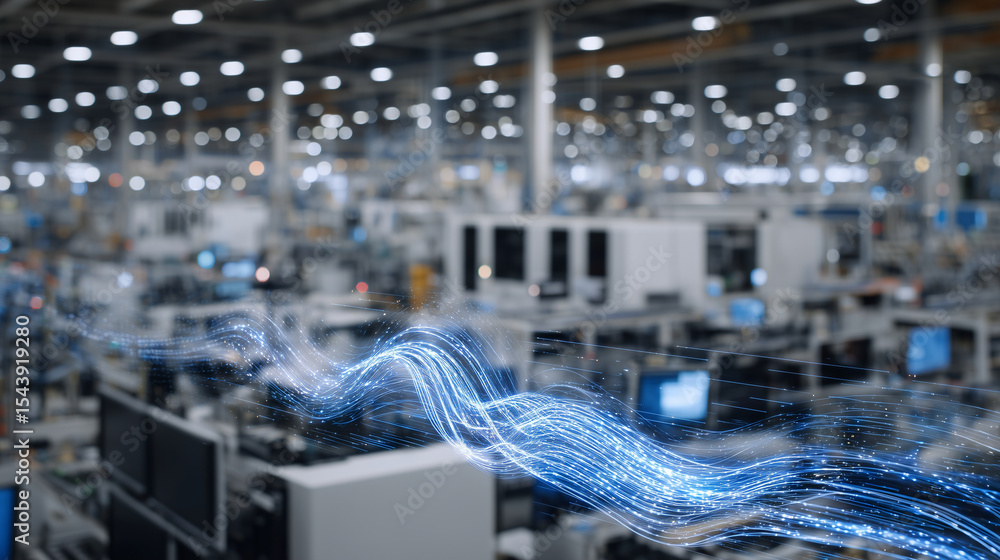 Aufkleber edge computing infrastructure in a semiconductor fabrication plant, with digital data streams visual
