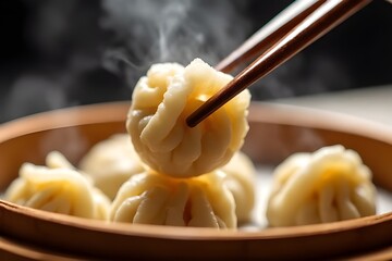The Perfect Choice: A dynamic close-up capturing the moment elegant chopsticks select a single siu mai from a steamer full of assorted dim sum.
