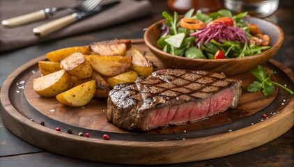 Grilled Steak Potato Wedges Salad Wooden Platter beef
