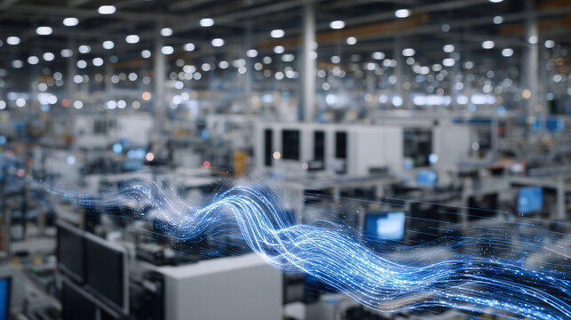 Edge computing infrastructure in a semiconductor fabrication plant, with digital data streams visualized as holograms flowing between equipment and servers